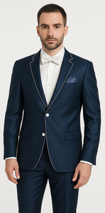 Dark Navy Blue Suit For Men And White Trim Lapel Tuxedo Looking Suit Side Vented Wedding /Prom Fashion