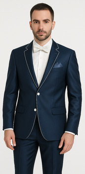 Dark Navy Blue Suit For Men And White Trim Lapel Tuxedo Looking Suit Side Vented Wedding /Prom Fashion
