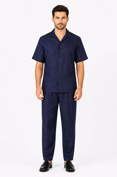 Men's Dark Navy 100% Linen Short Sleeve Plain Casual Casual Two Piece Mens Walking Outfit For Sale Pant Sets Suit With Pleated Pant - Mens Linen Suit