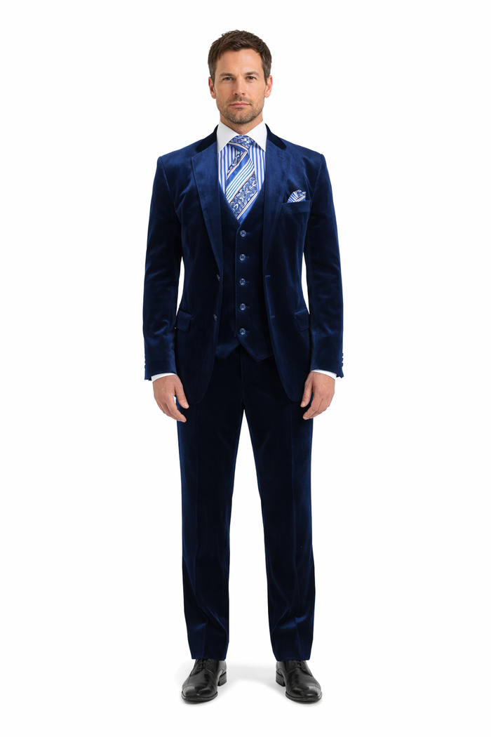 Men's Dark Navy velour Men's blazer Jacket 2 Button Velvet Fabric 3 Piece Vested  Side Vent Suit