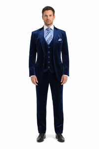 Men's Dark Navy velour Men's blazer Jacket 2 Button Velvet Fabric 3 Piece Vested  Side Vent Suit