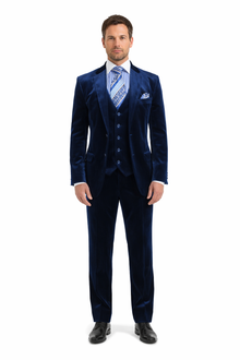 Men's Dark Navy velour Men's blazer Jacket 2 Button Velvet Fabric 3 Piece Vested  Side Vent Suit