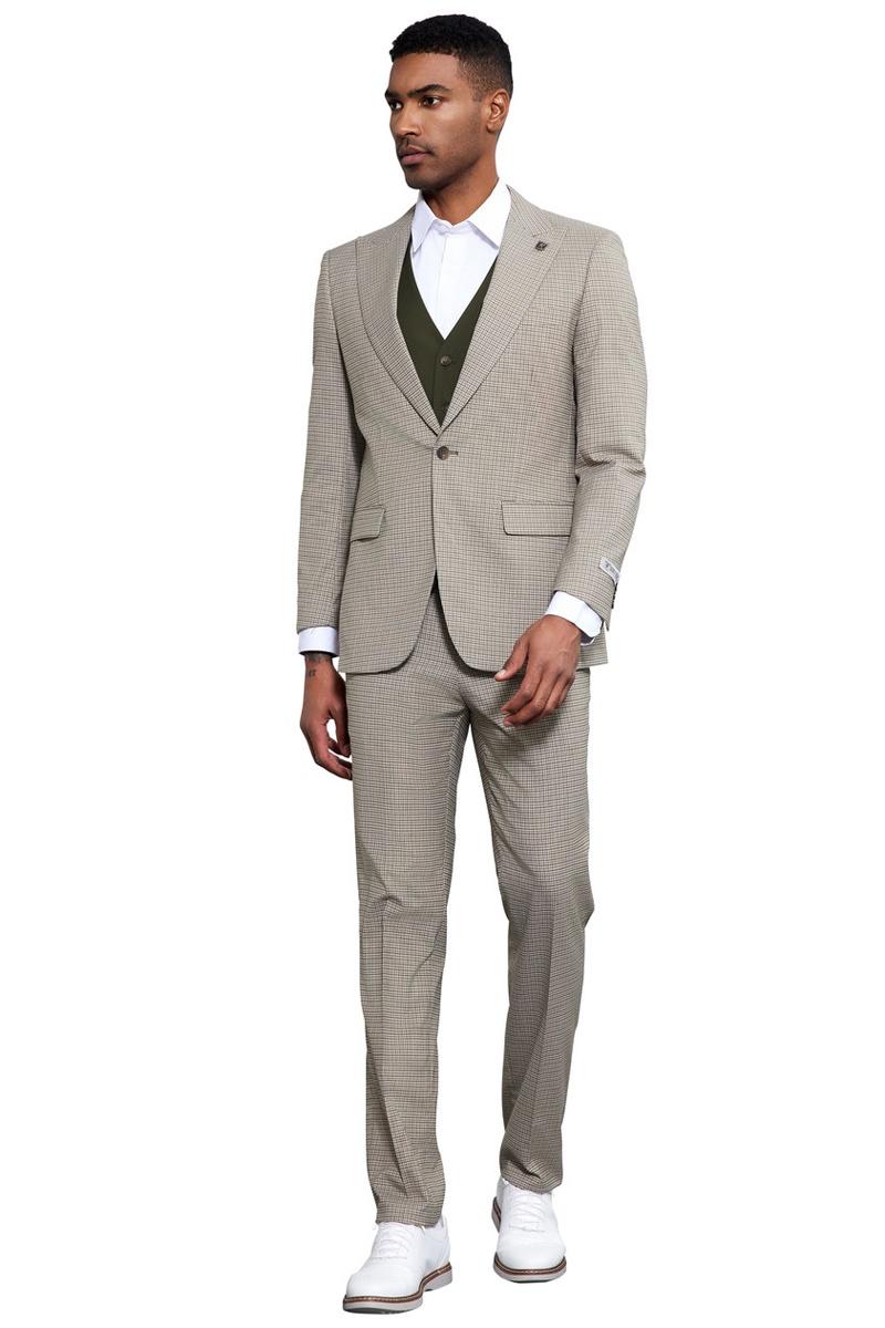 Men's Stacy Adams One Button Peak Lapel Vested Micro Check in Sage Green with an Olive Green Vest - Image 2
