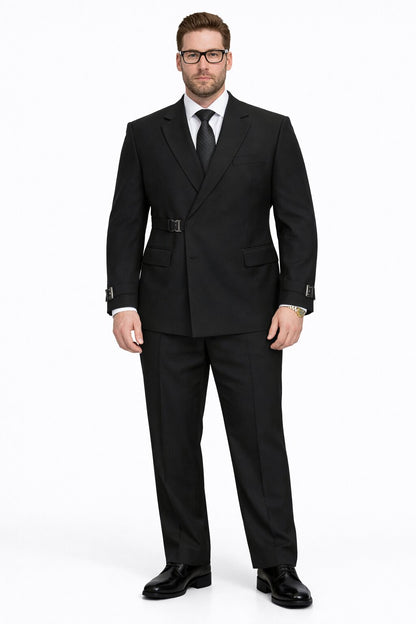Men’s Black Double Breasted Wool Suit with Metal Buckle Closure Modern Fit