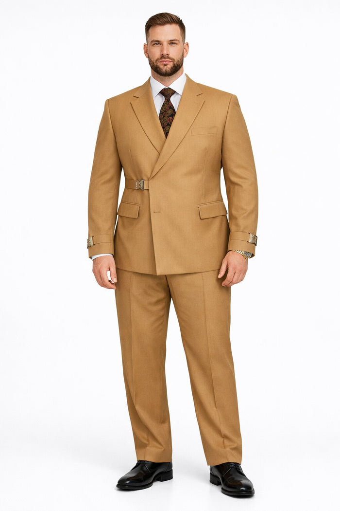 Men’s Camel Double Breasted Wool Suit with Metal Buckle Closure Modern Fit