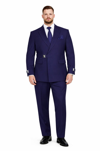 Men’s Navy Blue Double Breasted Wool Suit with Signature Buckle Closure Designer Tailored Fit Modern Fit