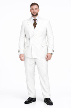 Men’s White Double Breasted Wool Suit with Designer Tailored Formal Set Metal Buckle Closure