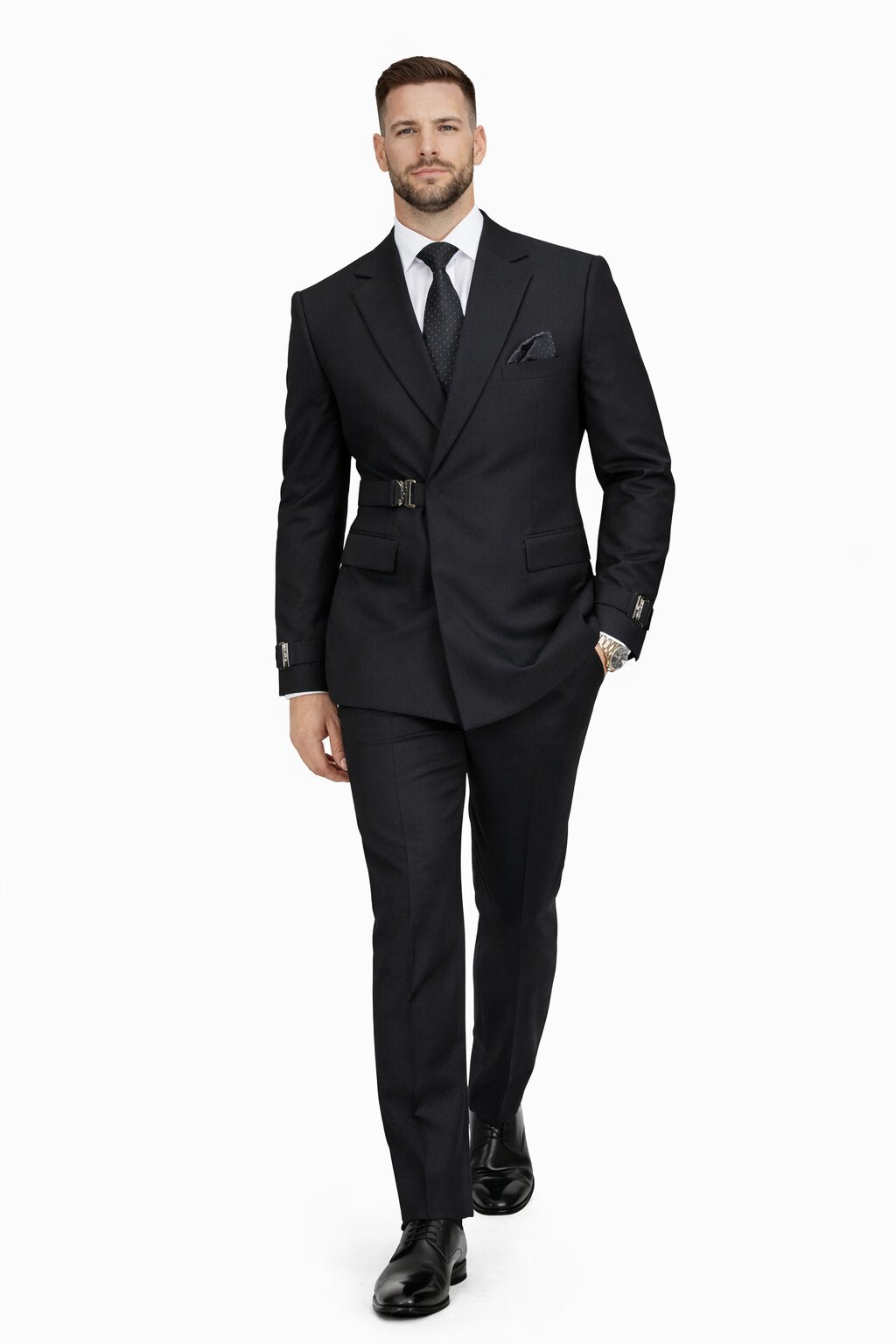 Men’s Black Double Breasted Wool Suit with Metal Buckle Closure Modern Fit
