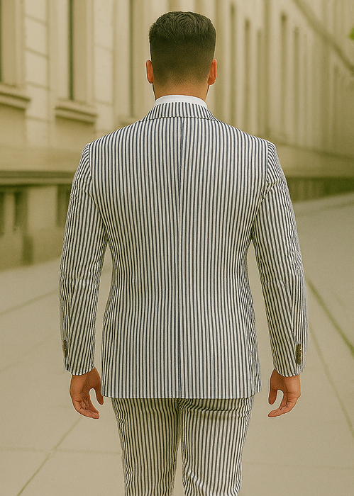 Double Breasted Blue Seersucker Blazer