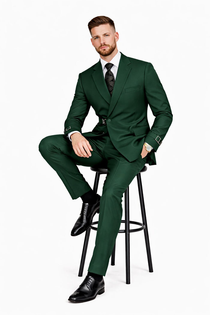 Mens Designer Tailored Fit Hunter Green Double Breasted Wool Suit with Metal Buckle Closure Modern Fit