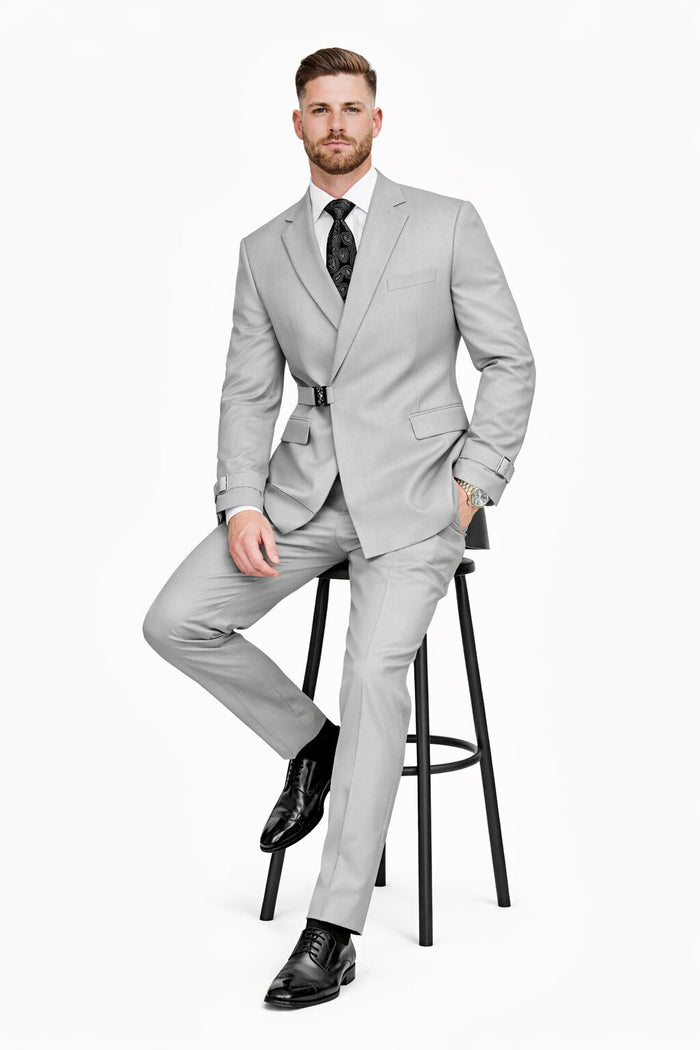 Men’s Light Grey Double Breasted Modern Designer Tailored Fit Wool Suit with Metal Buckle Closure Modern Fit