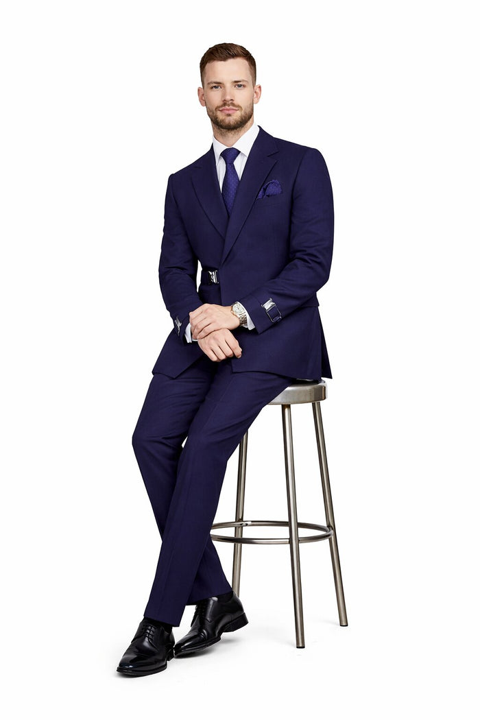 Men’s Navy Blue Double Breasted Wool Suit with Signature Buckle Closure Designer Tailored Fit Modern Fit