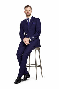 Men’s Navy Blue Double Breasted Wool Suit with Signature Buckle Closure Designer Tailored Fit