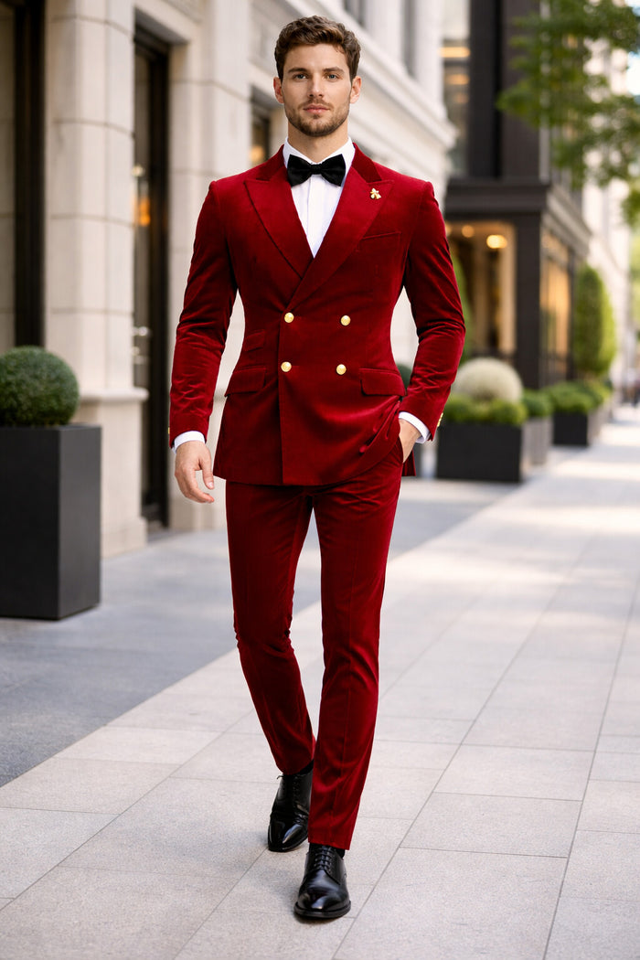Mens Velvet Suit - Slim Fit Double Breasted Suit Blazer and Pants - Green