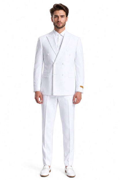 Men's Double Breasted Summer Seersucker Suit in White Pinstripe by Alberto Nardoni