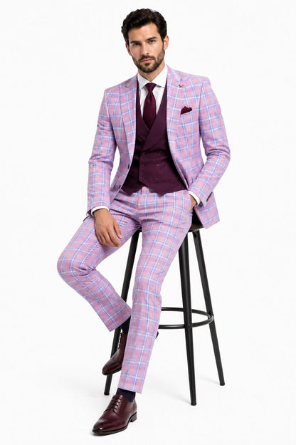 Statement Mens Modern Fit 3 Piece 100% Super 200s Wool Classic Windowpane Suit – Double Breasted Vest