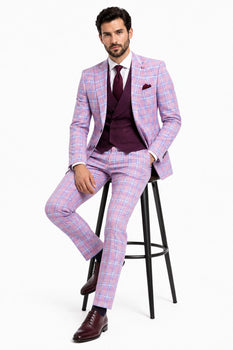 Statement Mens Modern Fit 3 Piece 100% Super 200s Wool Classic Windowpane Suit – Double Breasted Vest