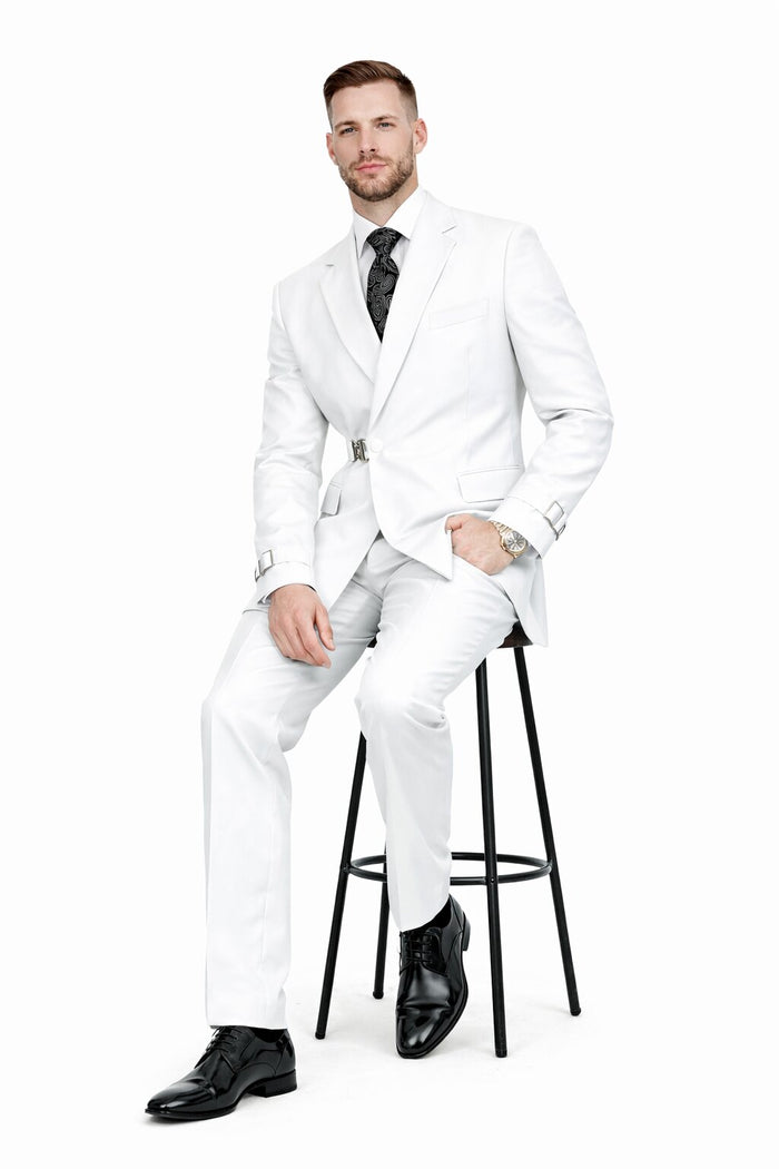 Men’s White Double Breasted Wool Suit with Designer Tailored Formal Set Metal Buckle Closure Modern Fit