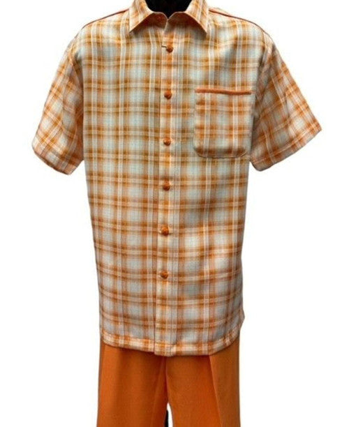 Dreams Men's Orange/Cream Plaid 2 Piece Short Sleeve Coord Set Piazza 282-18