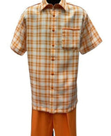 Dreams Men's Orange/Cream Plaid 2 Piece Short Sleeve Coord Set Piazza 282-18