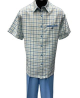 Dreams Men's Powder Blue/Off White Plaid 2 Piece Short Sleeve Summer Set Chico 283-21