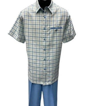 Dreams Men's Powder Blue/Off White Plaid 2 Piece Short Sleeve Summer Set Chico 283-21