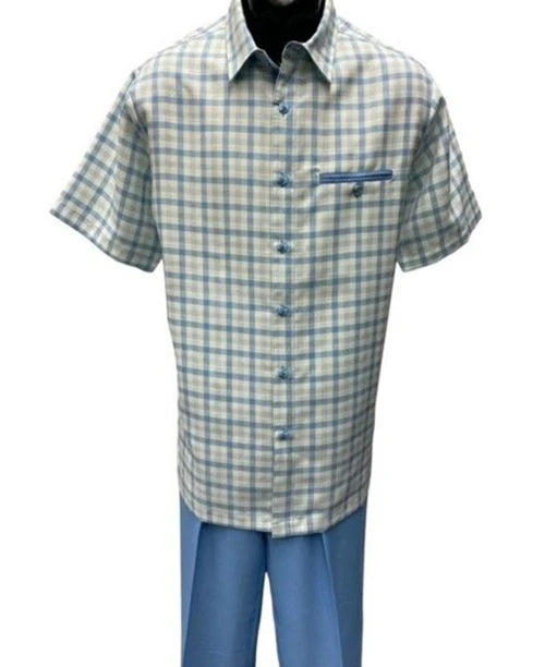 Dreams Men's Powder Blue/Off White Plaid 2 Piece Short Sleeve Summer Set Chico 283-21