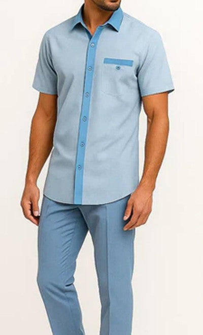 Dreams Men's Sky Blue/Off White Houndstooth Short Sleeve Walking Suit Fazio 262-21