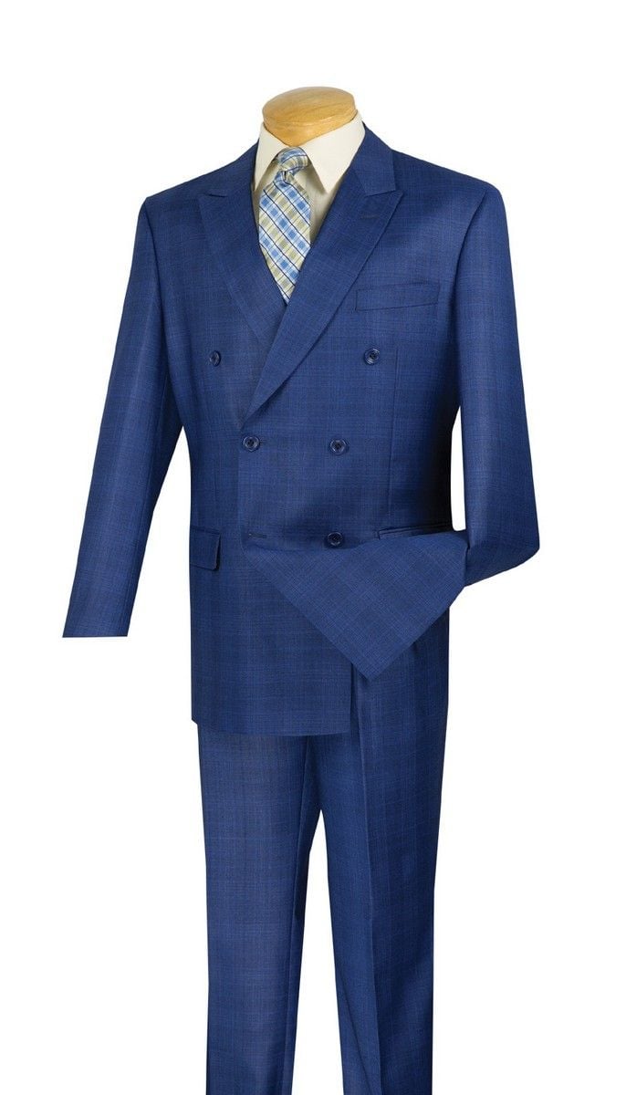 Vinci Men’s Blue Double Breasted Glen Plaid 2 Piece Suit, Formal Wedding Business Dress Suit Modern Fit