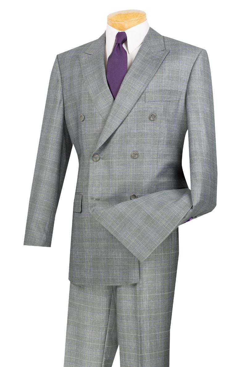 Vinci Men’s Blue Double Breasted Glen Plaid 2 Piece Suit, Formal Wedding Business Dress Suit Modern Fit