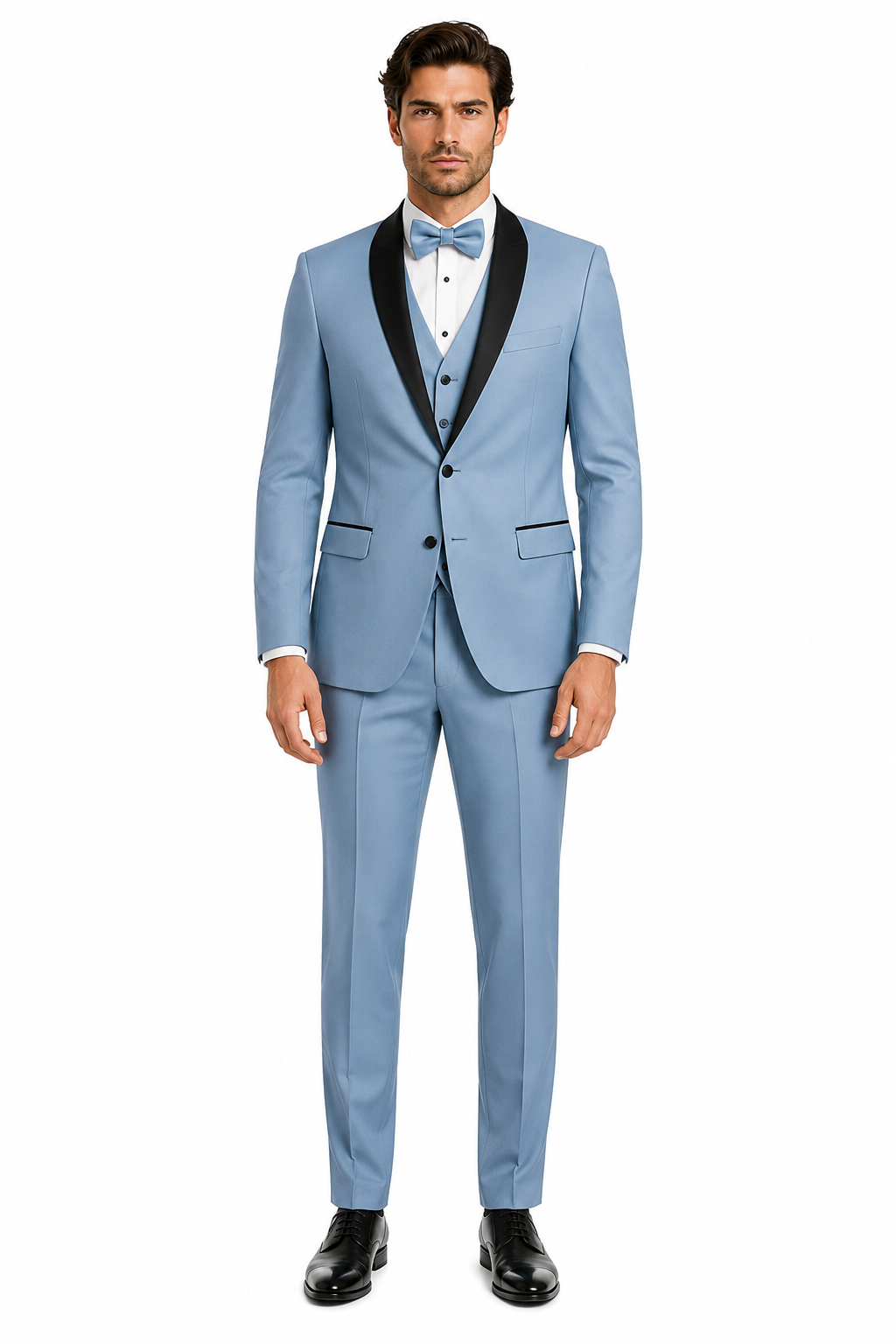 Men's Dusty Blue Suit Tuxedo Shawl Collar Vested 3PC Slim Fit Jacket + Pants Vest 34 Short or Extra Small
