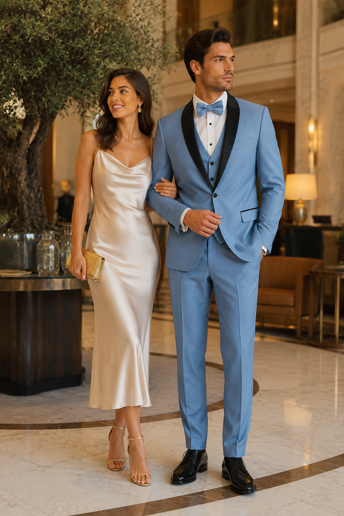 Dusty Blue Suit Color Tuxedo Shawl Collar Vested 3PC Mens Suit Slim Fit Jacket + Pants + Vest