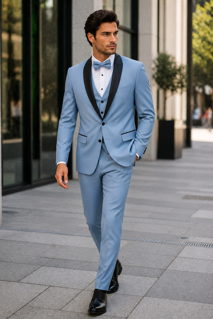 Dusty Blue Suit Color Tuxedo Shawl Collar Vested 3PC Mens Suit Slim Fit Jacket + Pants + Vest