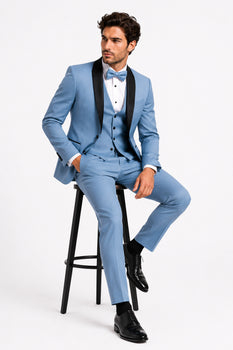 Dusty Blue Suit Color Tuxedo Shawl Collar Vested 3PC Mens Suit Slim Fit Jacket + Pants + Vest