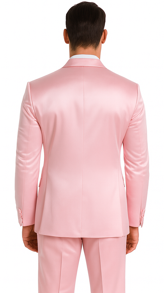 Men's Dusty Rose Satin Double Breasted 3 Piece Skinny Fit Tazzio Suit with Peak Lapel Jacket - Image 3