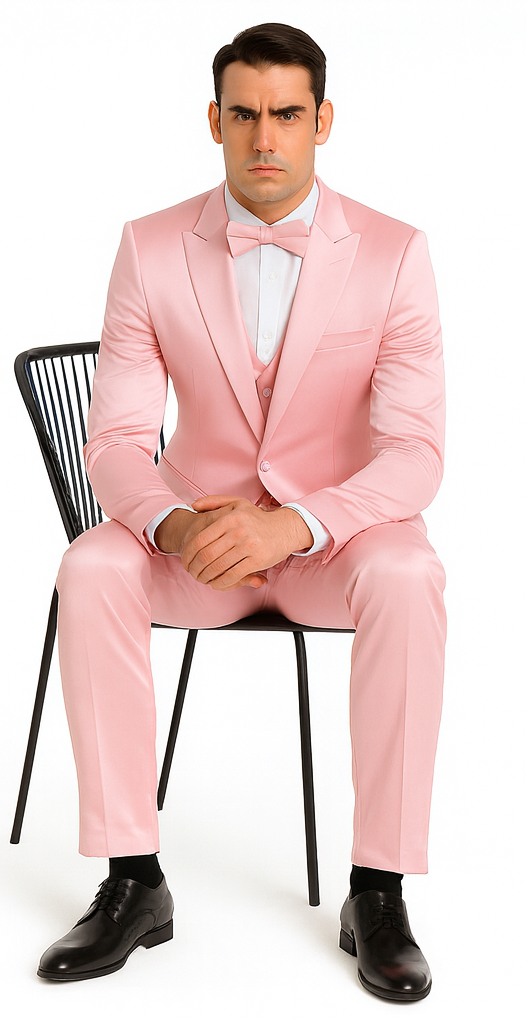 Men's Dusty Rose Satin Double Breasted 3 Piece Skinny Fit Tazzio Suit with Peak Lapel Jacket - Image 4