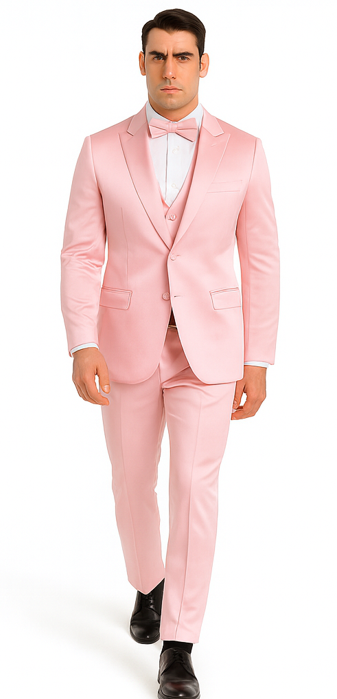 Men's Dusty Rose Satin Double Breasted 3 Piece Skinny Fit Tazzio Suit with Peak Lapel Jacket - Image 5