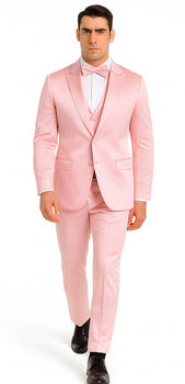 Men's Dusty Rose Satin Double Breasted 3 Piece Skinny Fit Tazzio Suit with Peak Lapel Jacket - Image 5