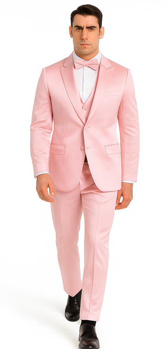 Men's Dusty Rose Satin Double Breasted 3 Piece Skinny Fit Tazzio Suit with Peak Lapel Jacket