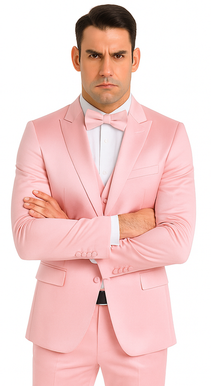 Men's Dusty Rose Satin Double Breasted 3 Piece Skinny Fit Tazzio Suit with Peak Lapel Jacket - Image 6