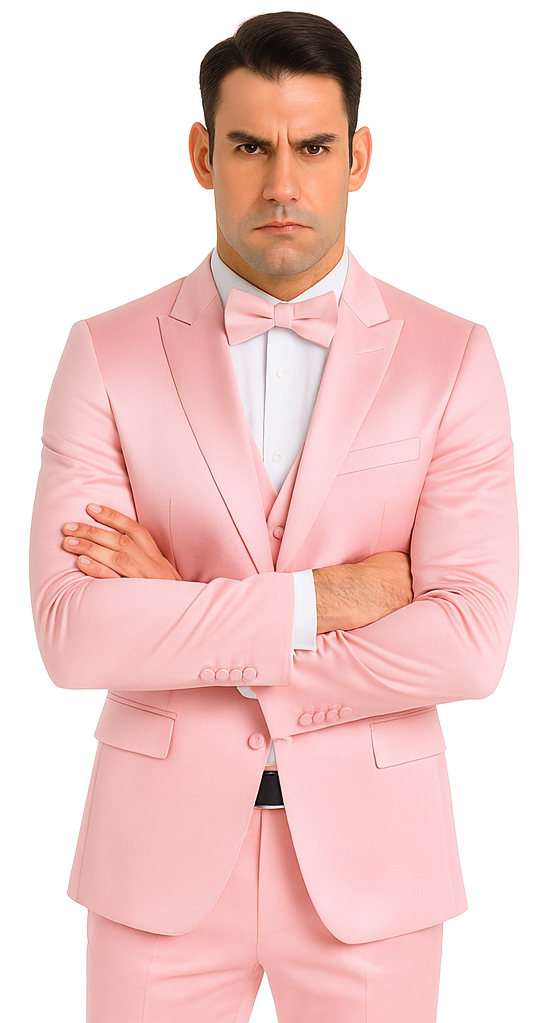 Men's Dusty Rose Satin Double Breasted 3 Piece Skinny Fit Tazzio Suit with Peak Lapel Jacket - Image 6