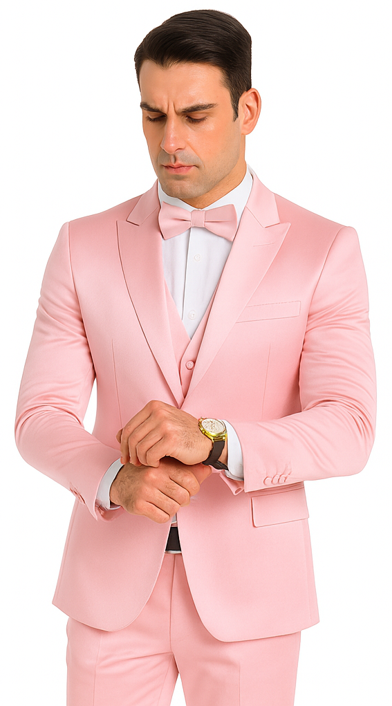 Men's Dusty Rose Satin Double Breasted 3 Piece Skinny Fit Tazzio Suit with Peak Lapel Jacket - Image 7
