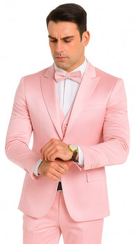 Men's Dusty Rose Satin Double Breasted 3 Piece Skinny Fit Tazzio Suit with Peak Lapel Jacket - Image 7