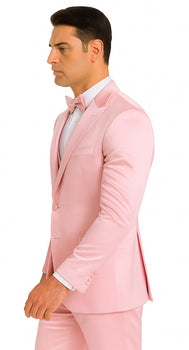Men's Dusty Rose Satin Double Breasted 3 Piece Skinny Fit Tazzio Suit with Peak Lapel Jacket - Image 8