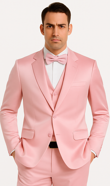 Men's Dusty Rose Satin Double Breasted 3 Piece Skinny Fit Tazzio Suit with Peak Lapel Jacket