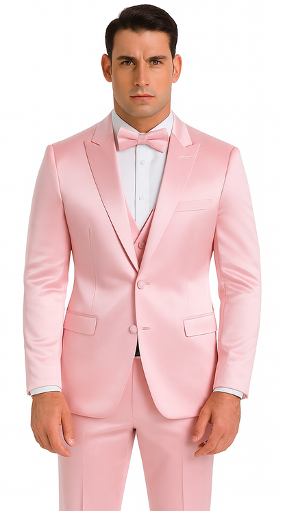 Men's Dusty Rose Satin Double Breasted 3 Piece Skinny Fit Tazzio Suit with Peak Lapel Jacket - Image 2