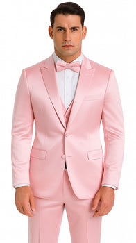 Men's Dusty Rose Satin Double Breasted 3 Piece Skinny Fit Tazzio Suit with Peak Lapel Jacket - Image 2