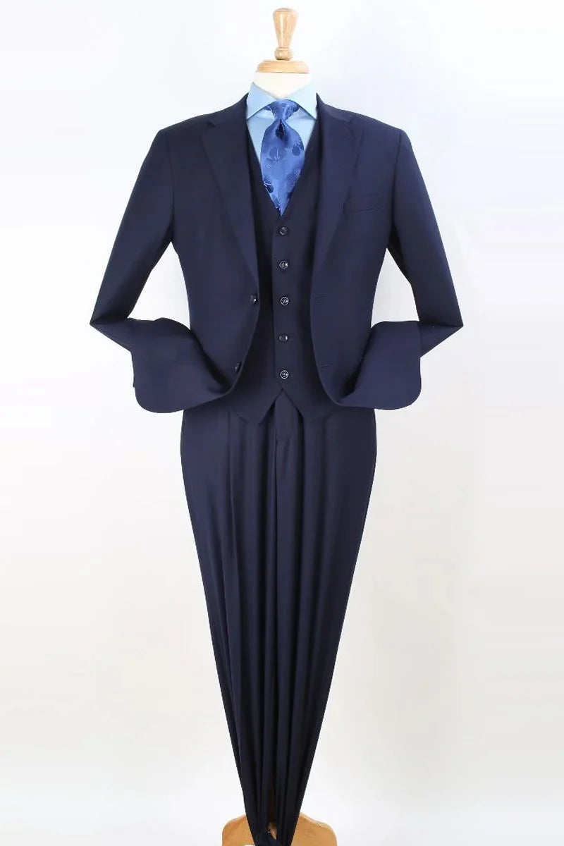 Apollo King Designer Brand Mens Two Button Pleated Pant Classic Fit Vested Suit in Navy