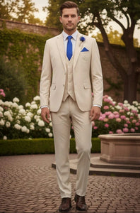 Mens Giovanni Testi Sand 3 Piece Suit – Formal 2 Button Blazer, Vest & Comfort Flex Waist Trousers