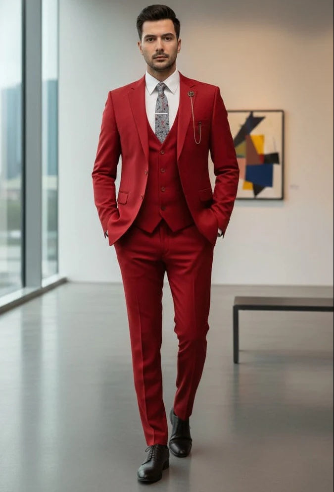 Mens Giovanni Testi Red 3 Piece Suit Set – Notch Lapel Jacket, Matching Vest, Side Vents & Comfort Waist Pants Modern Fit